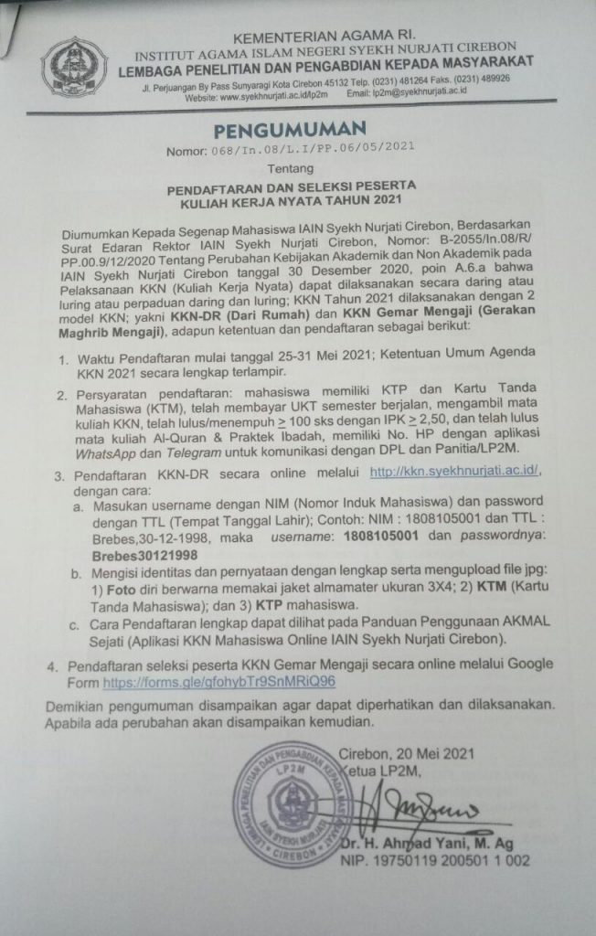 Pengumuman KKN-DR dan KKN Gemar Mengaji  Tahun 2021