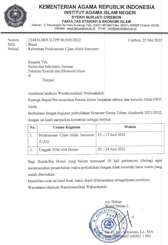 Jadwal Pelaksanaan Ujian Akhir Semester Genap TA. 2022-2