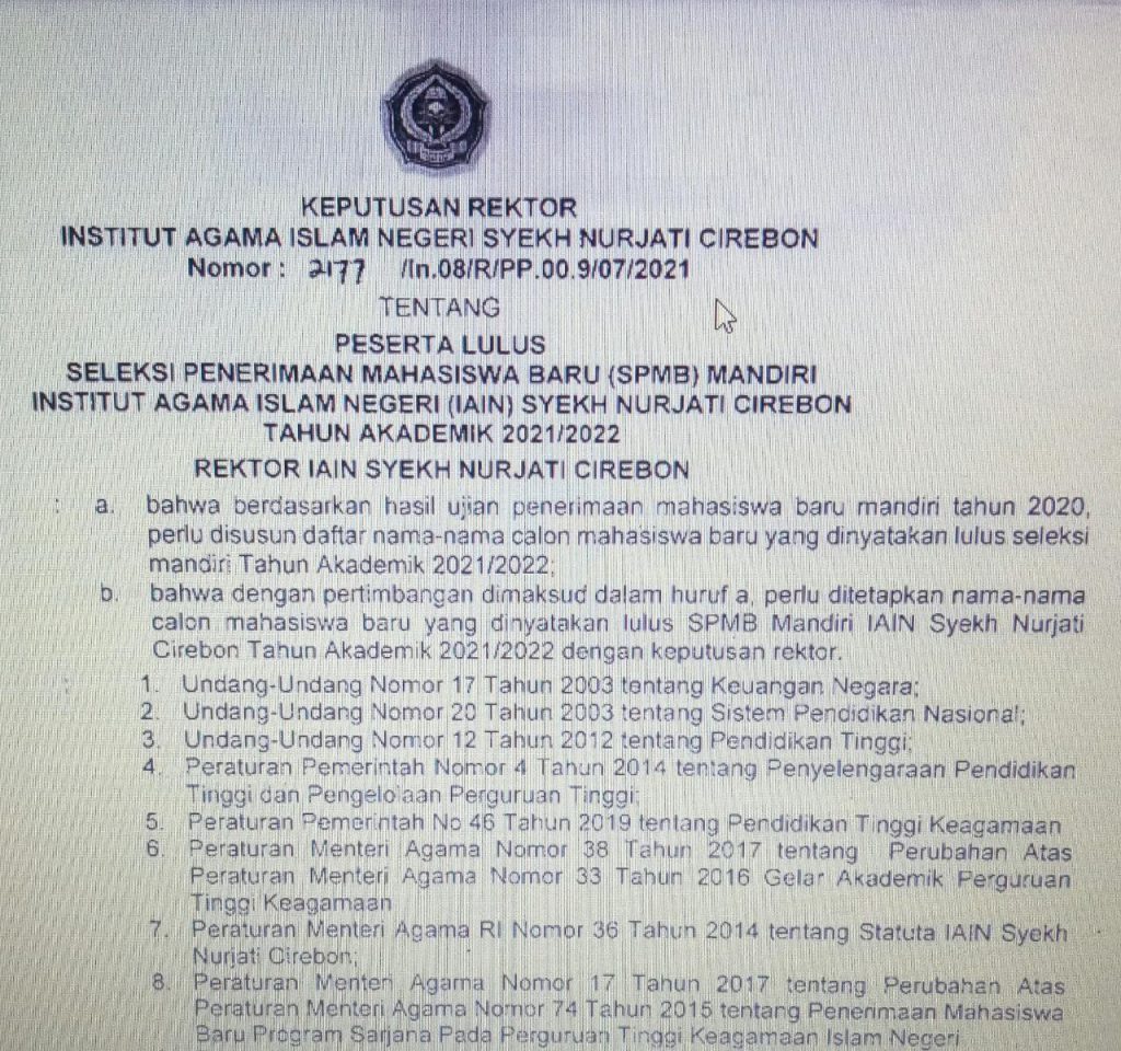 Hasil SPMB Mandiri IAIN Syekh Nurjati Cirebon Tahun 2021