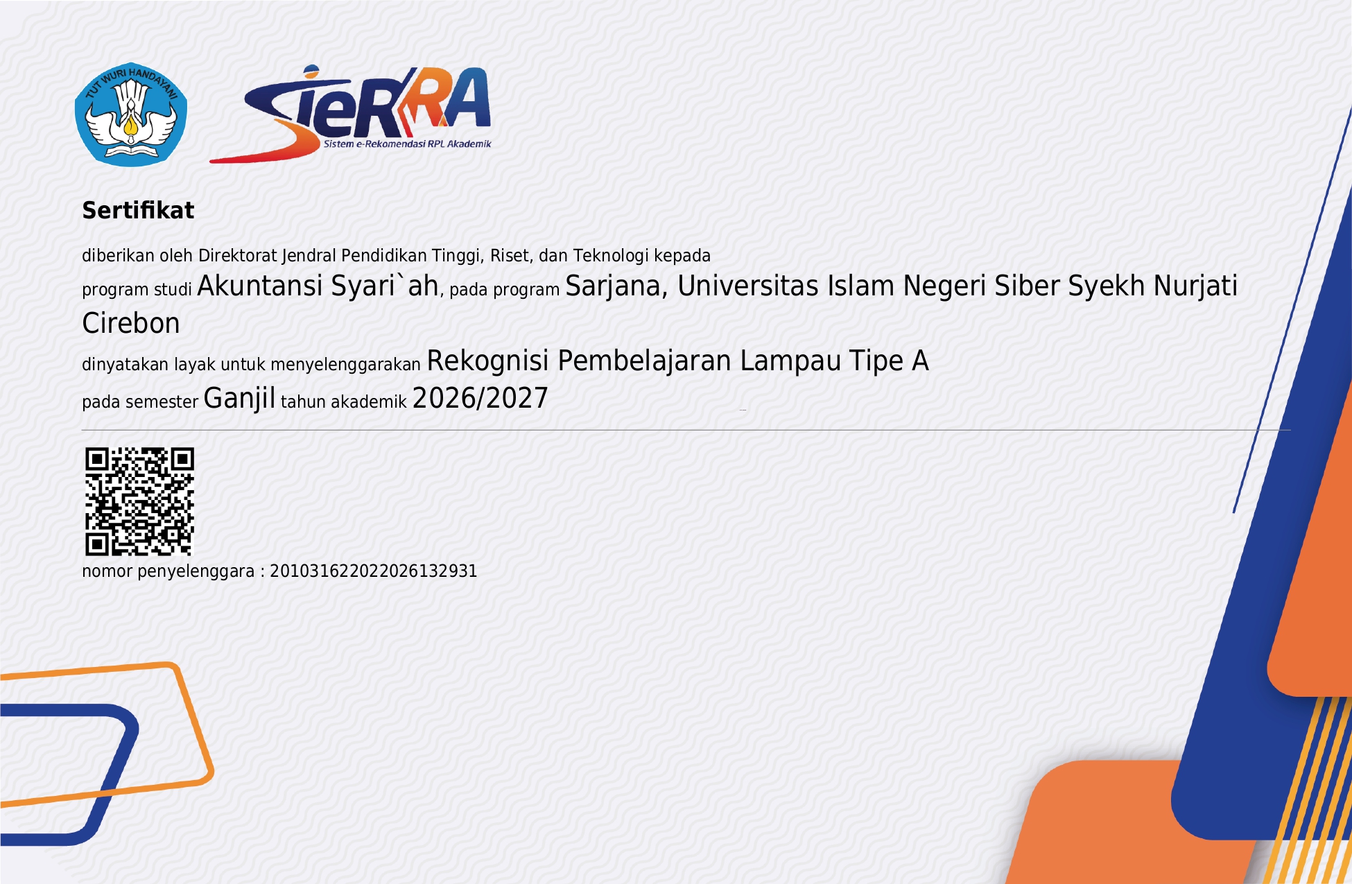 Sertifikat Rekognisi Pembelajaran Lampau (RPL) Tipe A